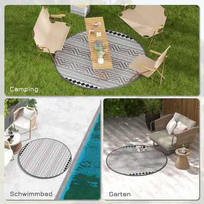Round Outdoor Rug Reversible Mat with Carry Bag, Waterproof Plastic Mat for Garden, Patio, Camping, 180 cm, Gray+Black
