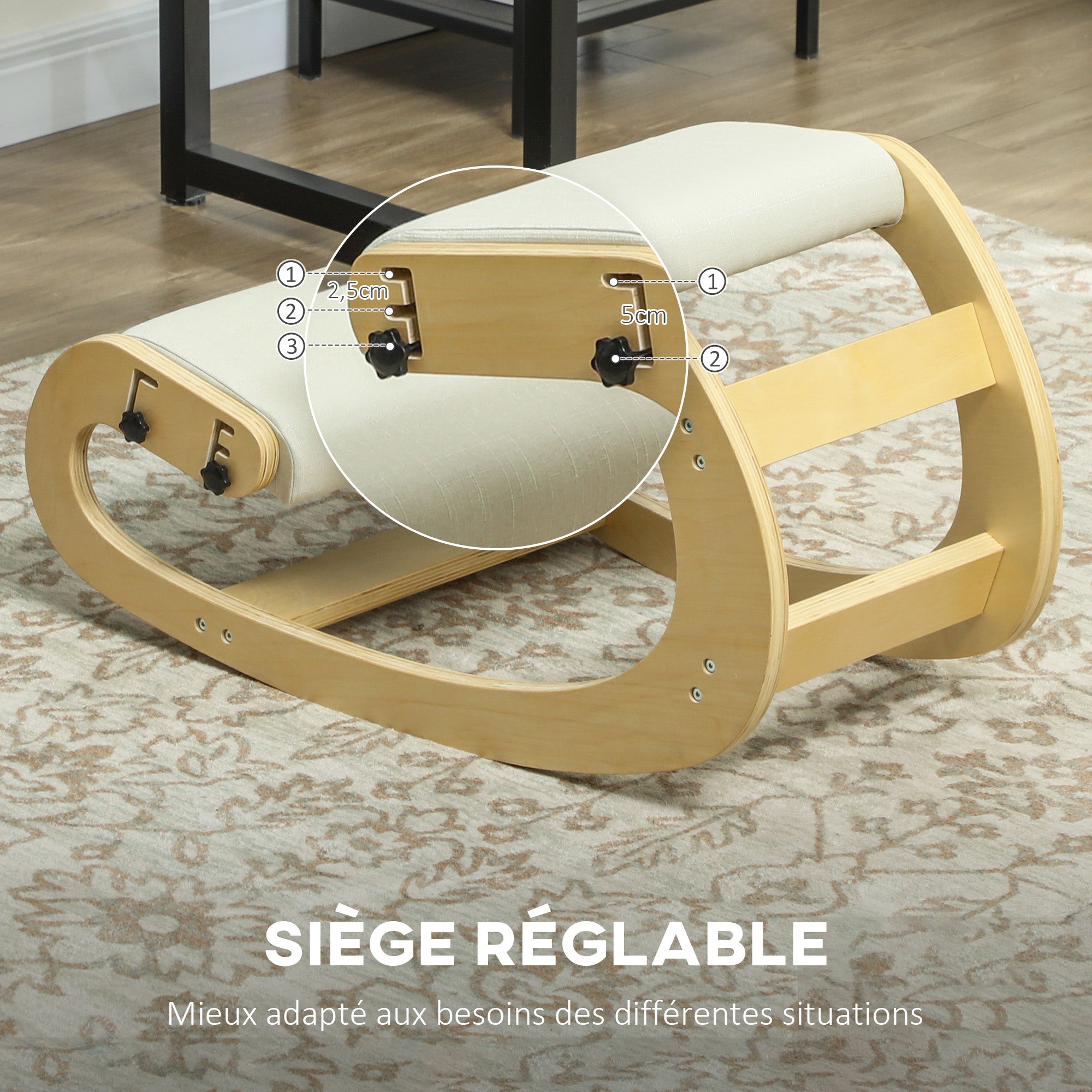 Kneeling Chair, Ergonomic Rocking Wooden Kneeling Chair, Adjustable Kneeling Stool for Home Office, Improve Posture, Back Pain, Cream