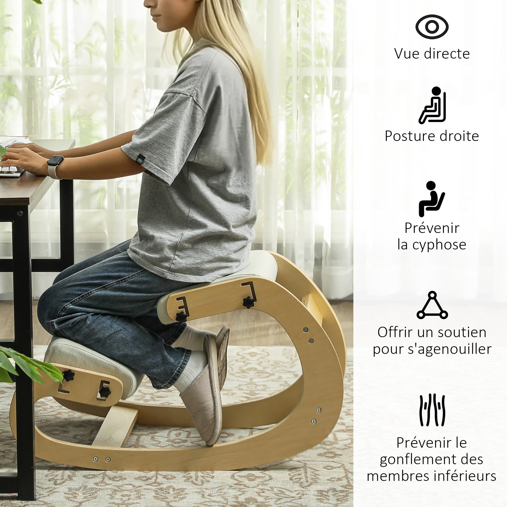 Kneeling Chair, Ergonomic Rocking Wooden Kneeling Chair, Adjustable Kneeling Stool for Home Office, Improve Posture, Back Pain, Cream