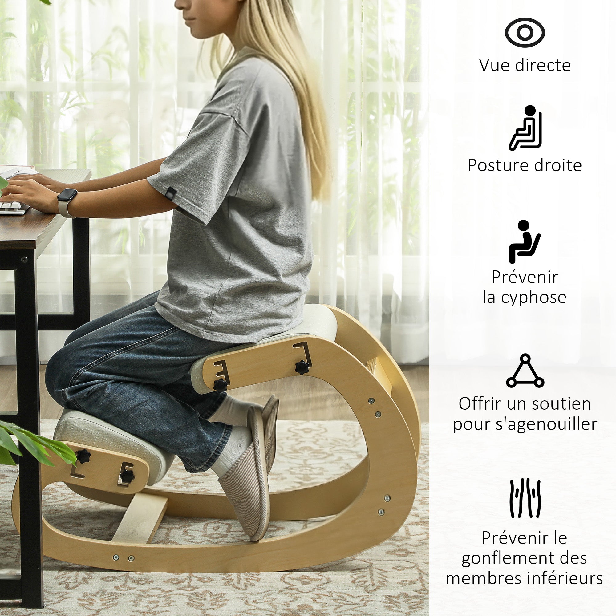 Kneeling Chair, Ergonomic Rocking Wooden Kneeling Chair, Adjustable Kneeling Stool for Home Office, Improve Posture, Back Pain, Cream