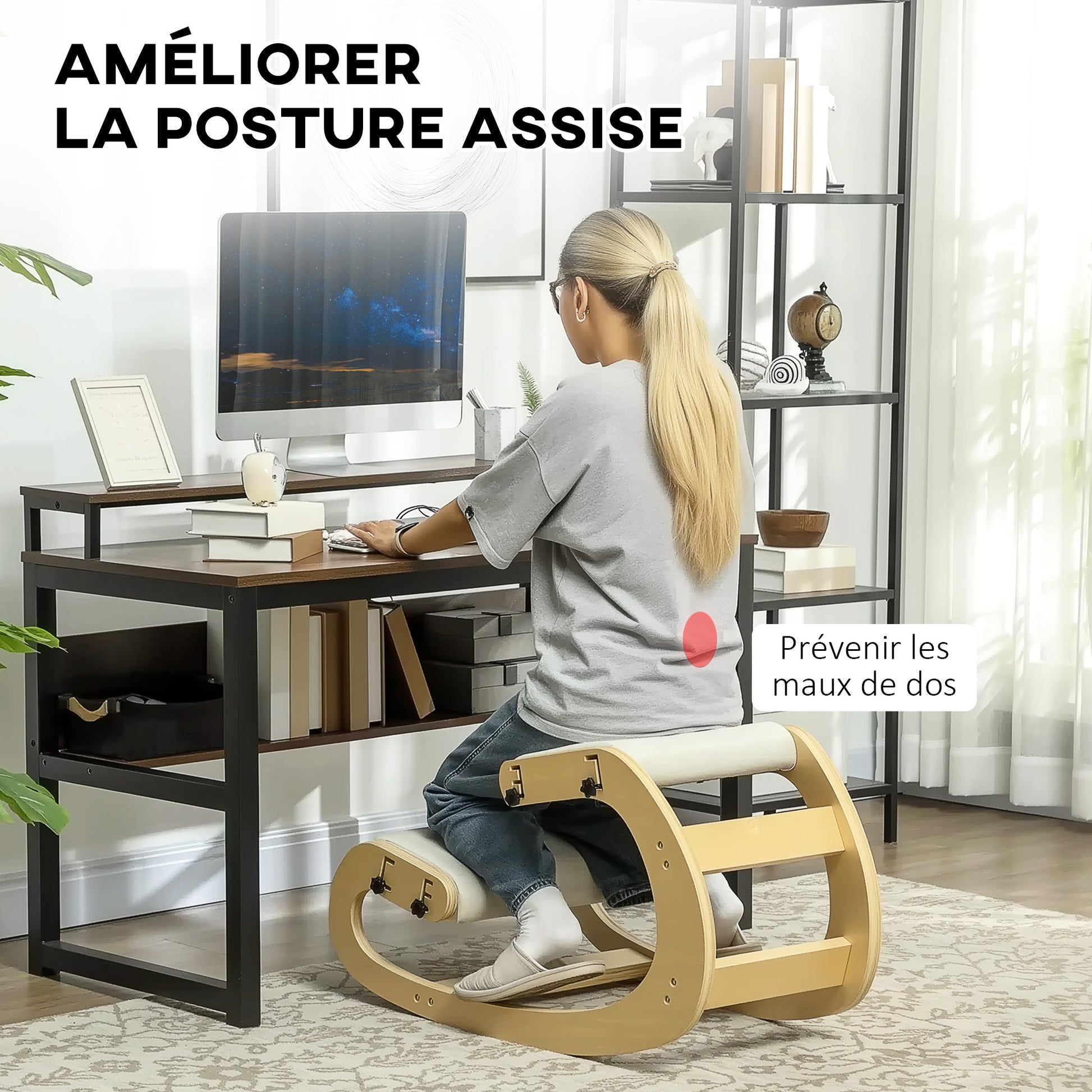 Kneeling Chair, Ergonomic Rocking Wooden Kneeling Chair, Adjustable Kneeling Stool for Home Office, Improve Posture, Back Pain, Cream