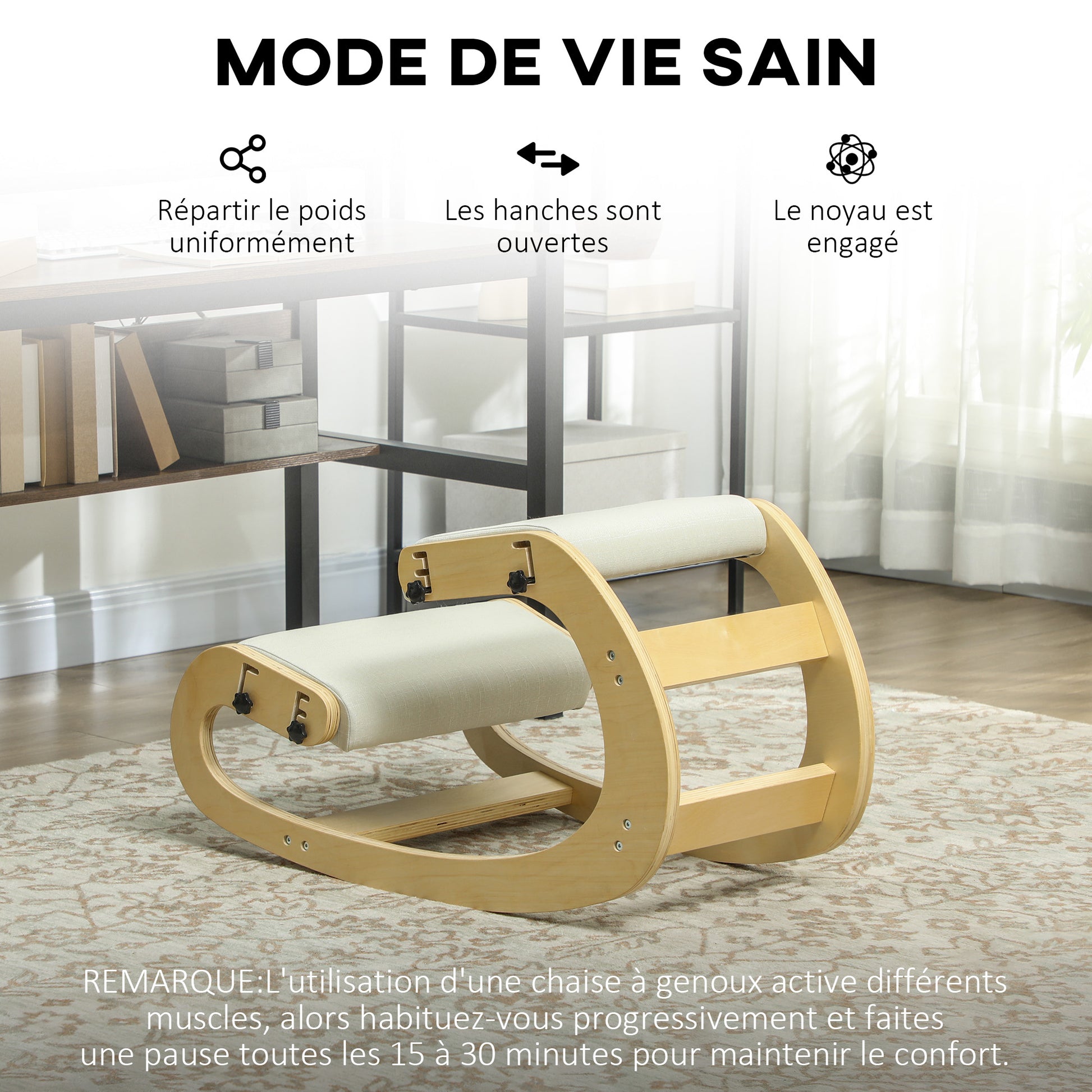 Kneeling Chair, Ergonomic Rocking Wooden Kneeling Chair, Adjustable Kneeling Stool for Home Office, Improve Posture, Back Pain, Cream