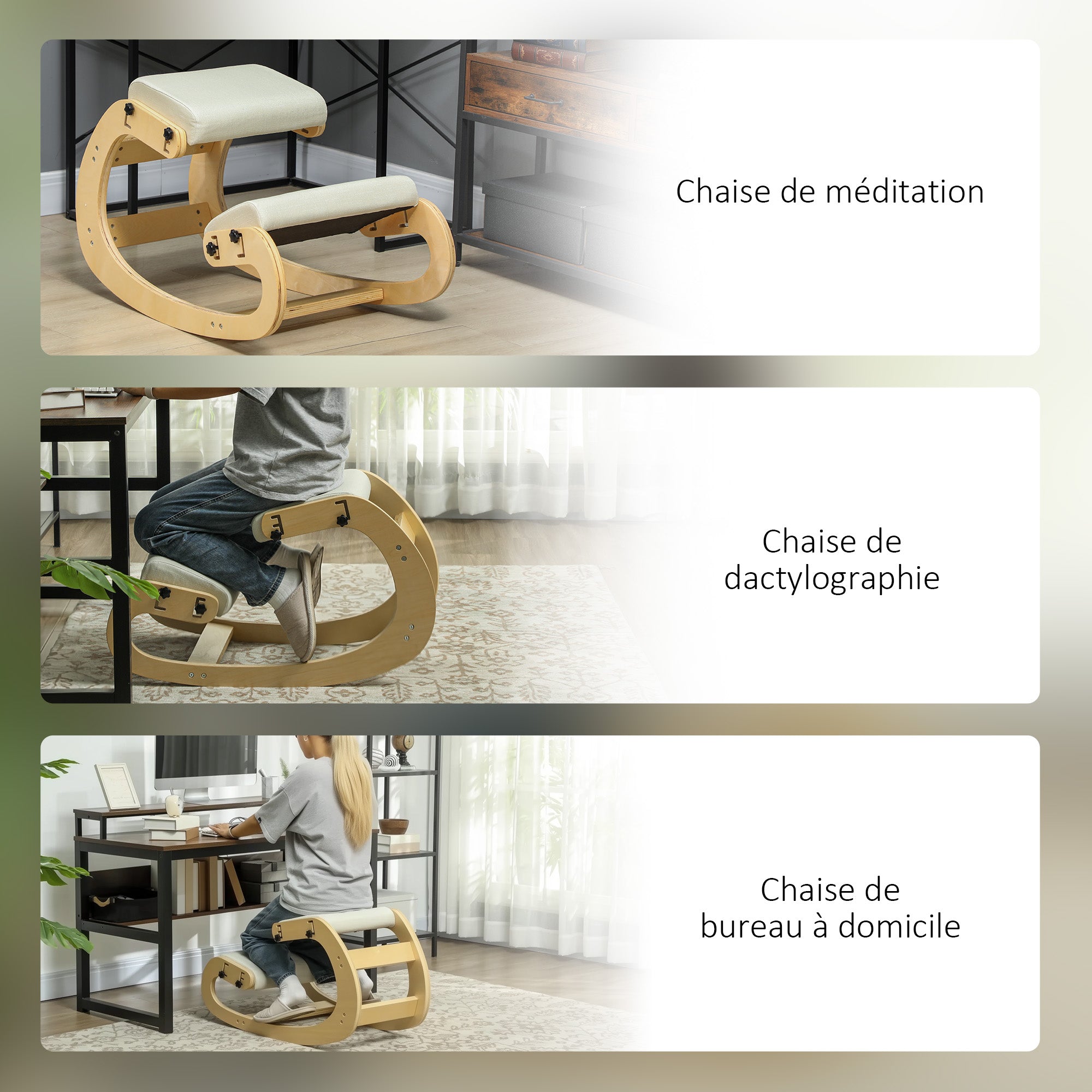 Kneeling Chair, Ergonomic Rocking Wooden Kneeling Chair, Adjustable Kneeling Stool for Home Office, Improve Posture, Back Pain, Cream