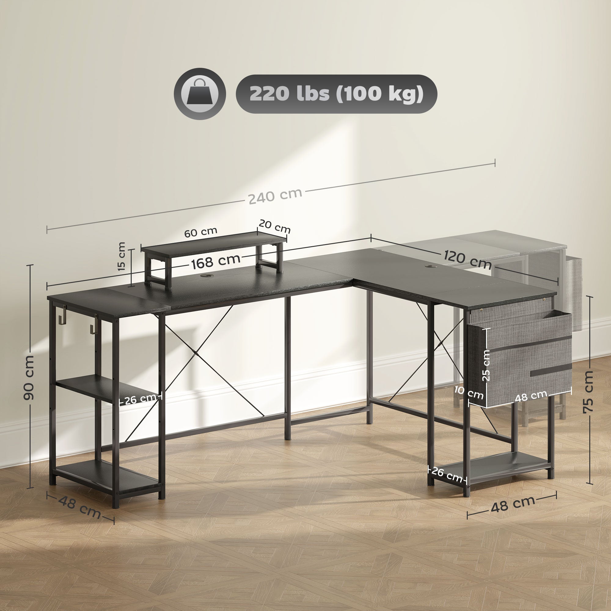 Reversible Modular Corner Desk with Storage, 66–94 in Industrial Black — Adjustable Shelves, Storage Pocket & Monitor Stand, Seats 2