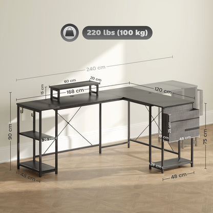 Reversible Modular Corner Desk with Storage, 66–94 in Industrial Black — Adjustable Shelves, Storage Pocket & Monitor Stand, Seats 2