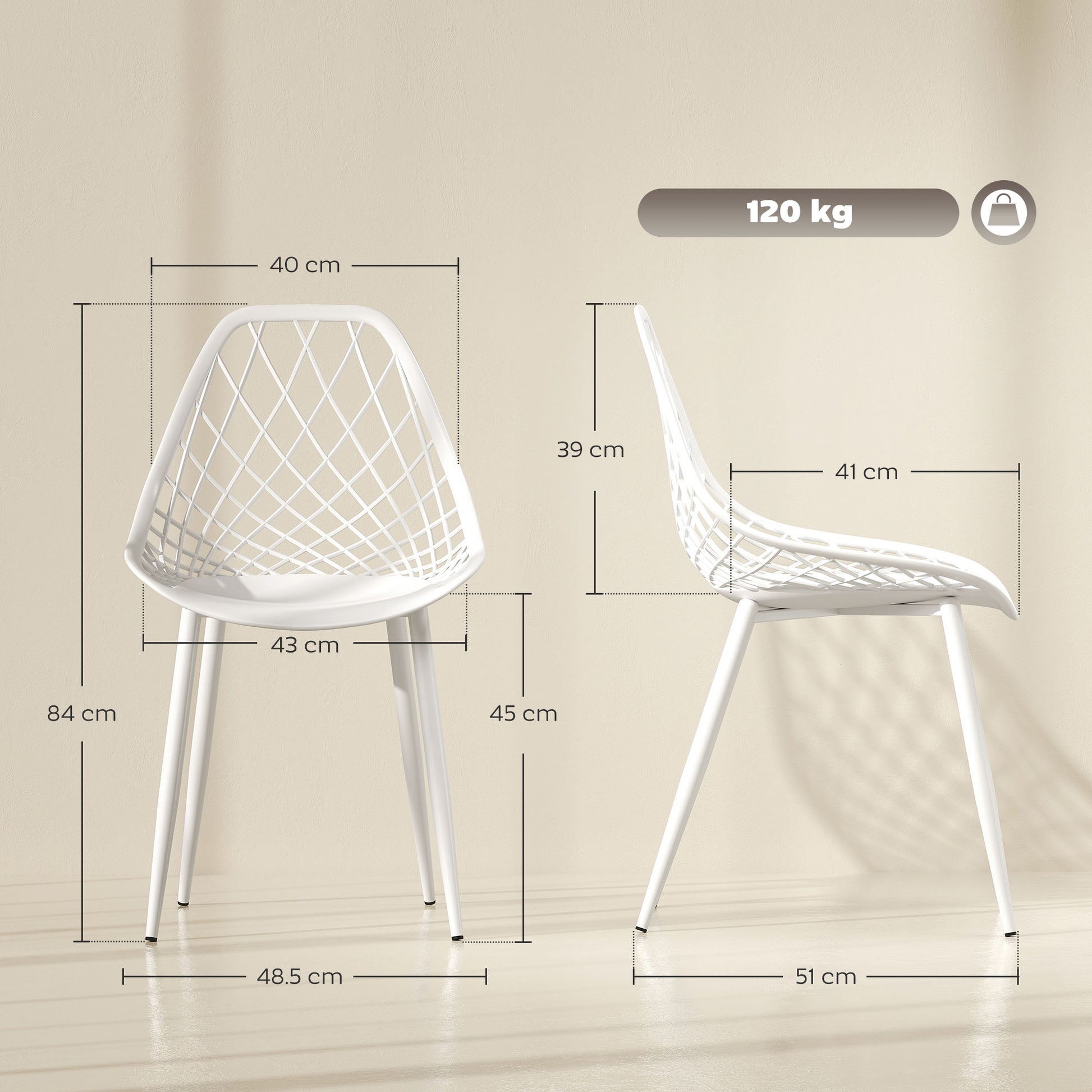 Set of 4 Dining Room Chairs, Modern Kitchen Chairs with Curved Perforated Backrest and Metal Legs, Plastic Chair for Kitchen, Bedroom, and Living Room, White