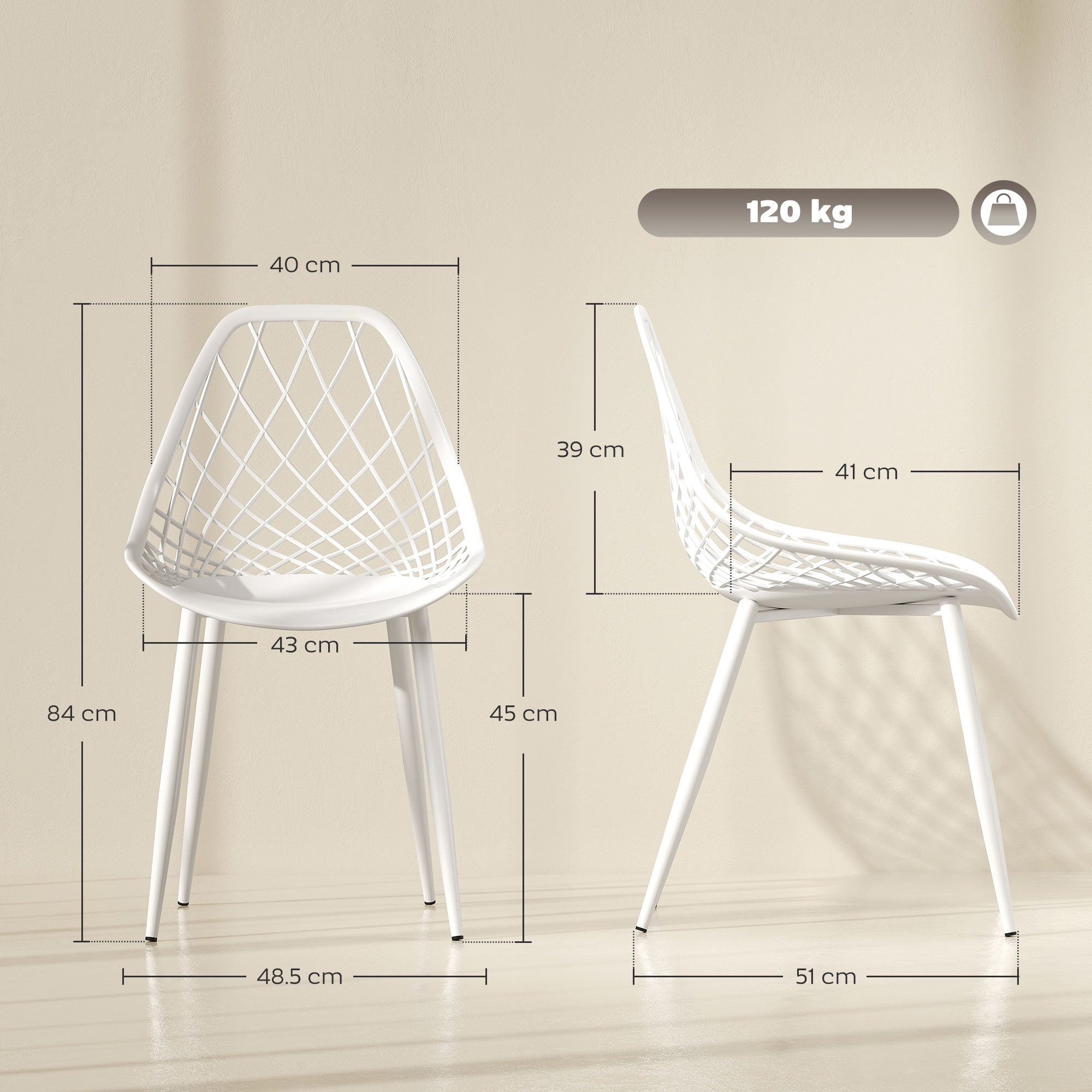 Set of 4 Dining Room Chairs, Modern Kitchen Chairs with Curved Perforated Backrest and Metal Legs, Plastic Chair for Kitchen, Bedroom, and Living Room, White