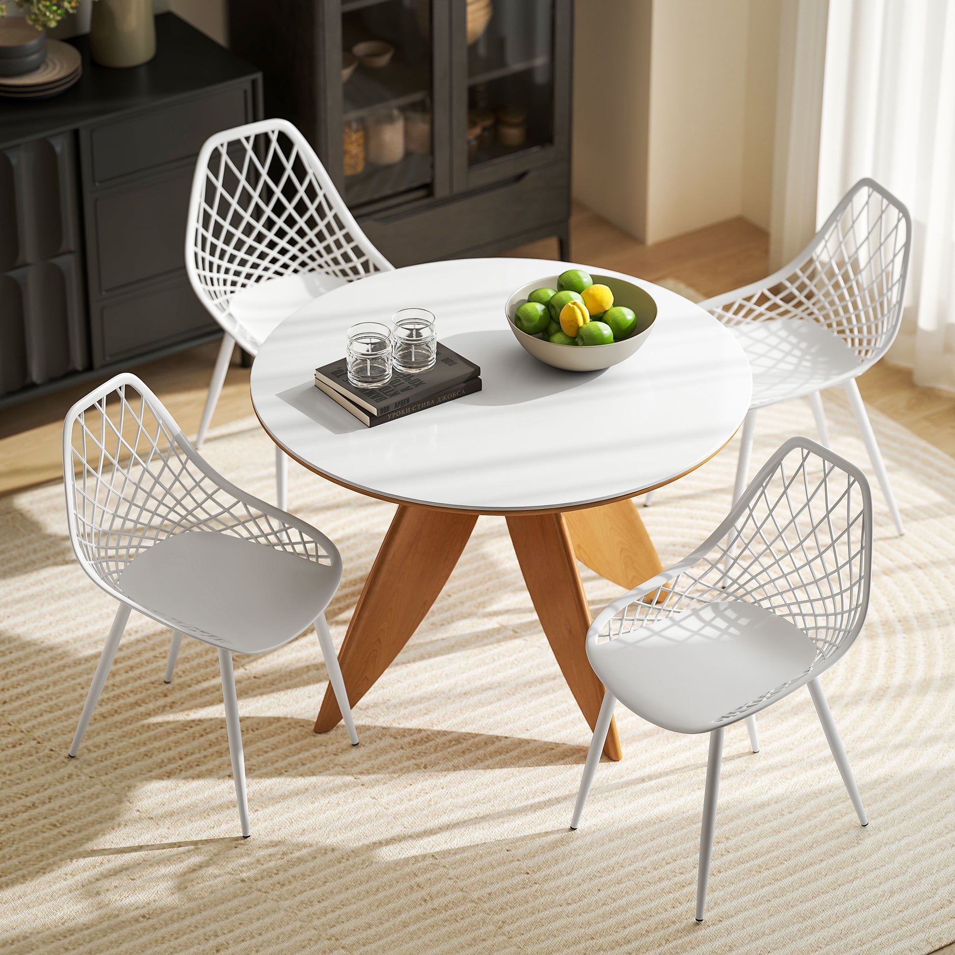 Set of 4 Dining Room Chairs, Modern Kitchen Chairs with Curved Perforated Backrest and Metal Legs, Plastic Chair for Kitchen, Bedroom, and Living Room, White