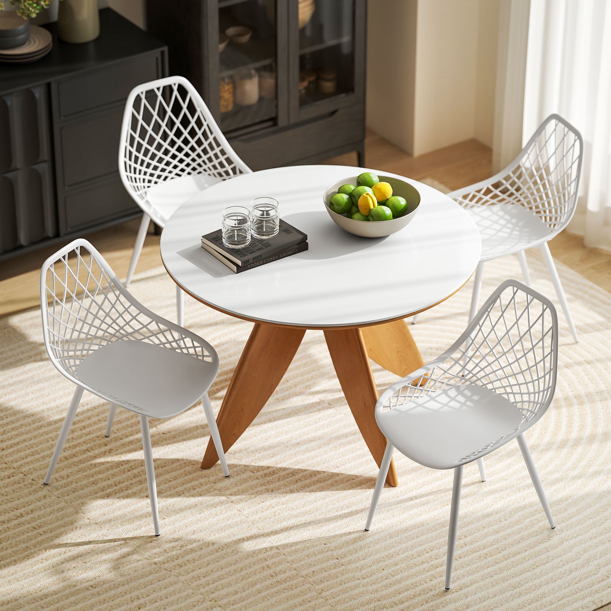Set of 4 Dining Room Chairs, Modern Kitchen Chairs with Curved Perforated Backrest and Metal Legs, Plastic Chair for Kitchen, Bedroom, and Living Room, White