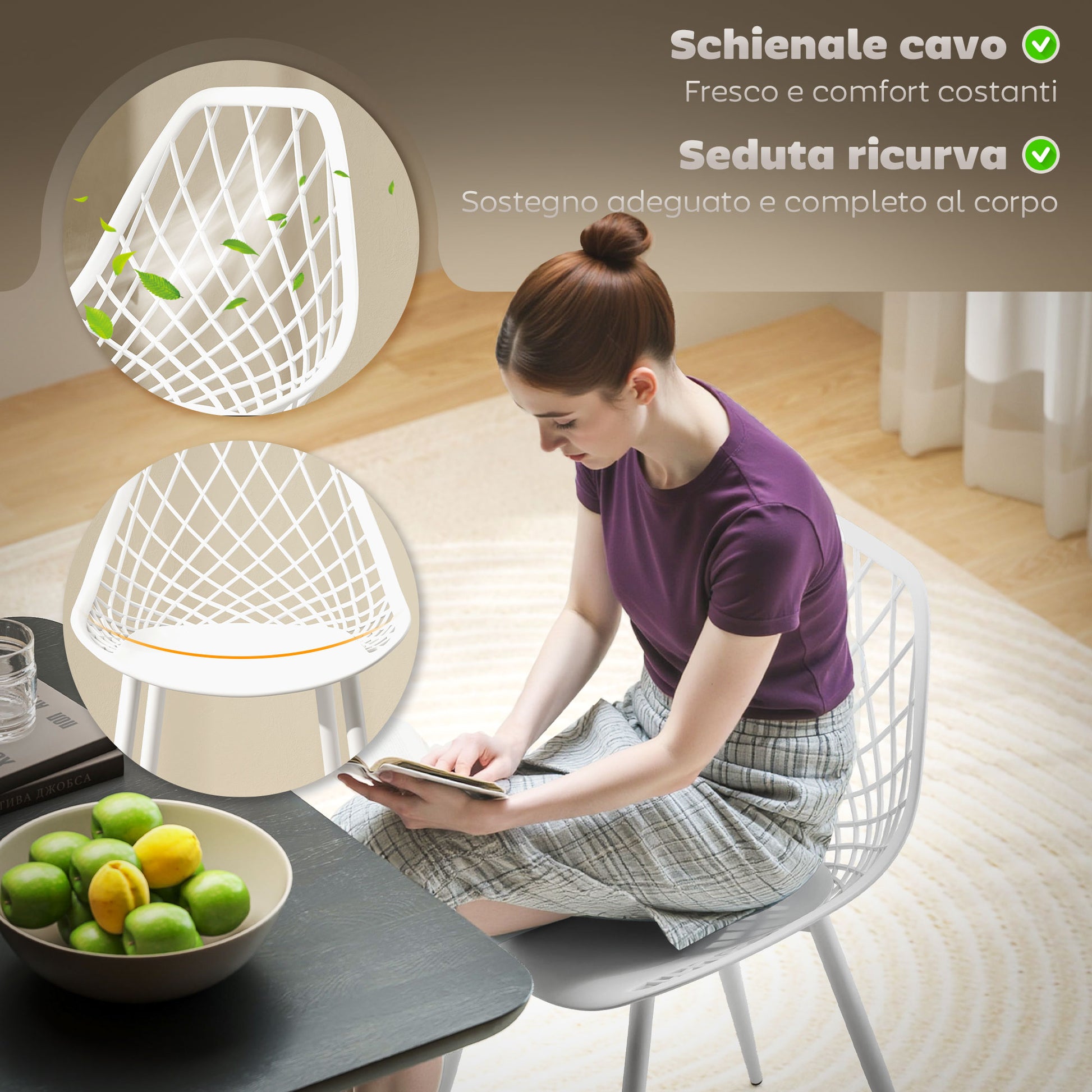 Set of 4 Dining Room Chairs, Modern Kitchen Chairs with Curved Perforated Backrest and Metal Legs, Plastic Chair for Kitchen, Bedroom, and Living Room, White