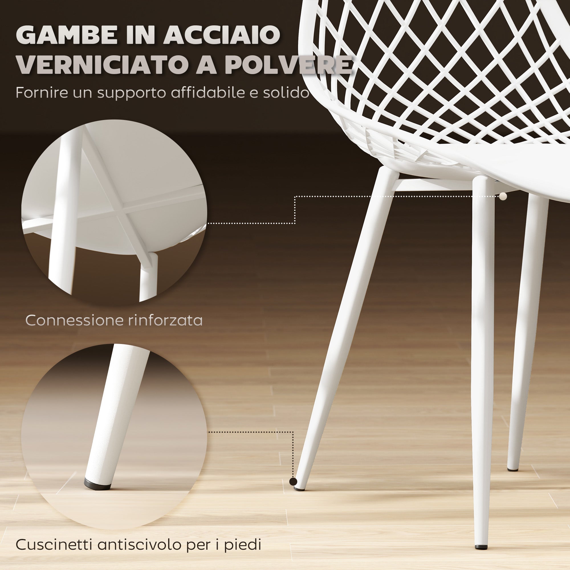 Set of 4 Dining Room Chairs, Modern Kitchen Chairs with Curved Perforated Backrest and Metal Legs, Plastic Chair for Kitchen, Bedroom, and Living Room, White