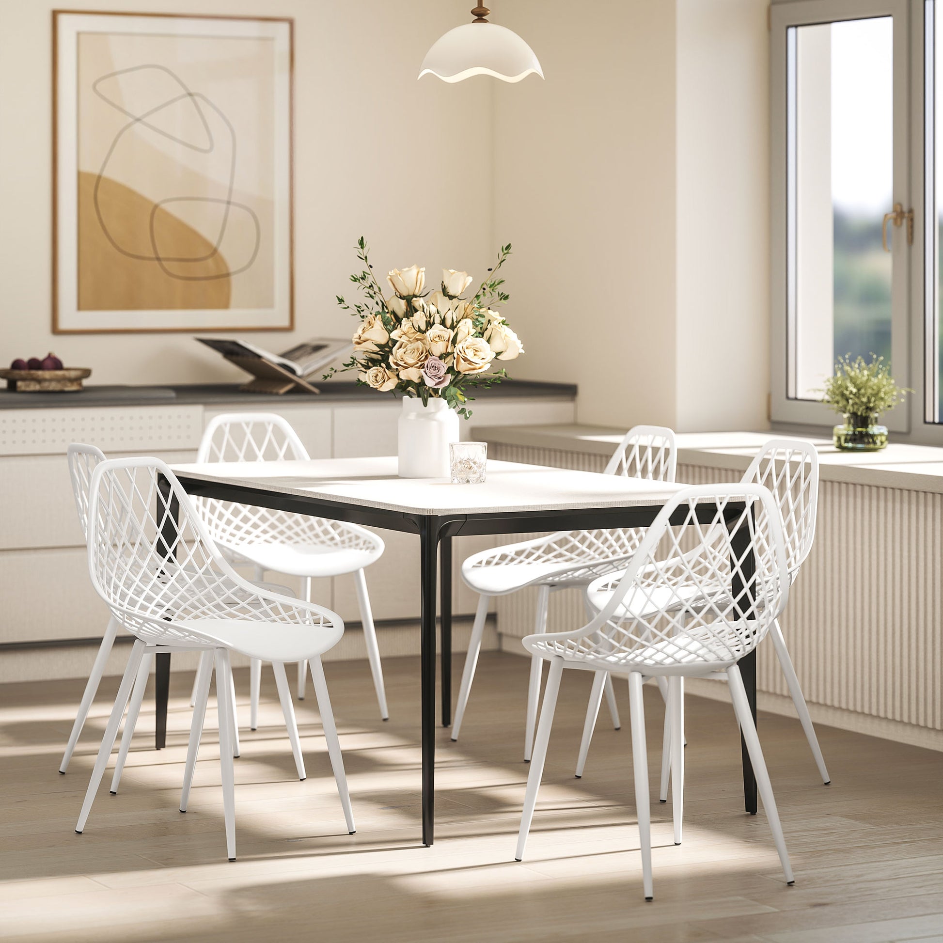 Set of 4 Dining Room Chairs, Modern Kitchen Chairs with Curved Perforated Backrest and Metal Legs, Plastic Chair for Kitchen, Bedroom, and Living Room, White