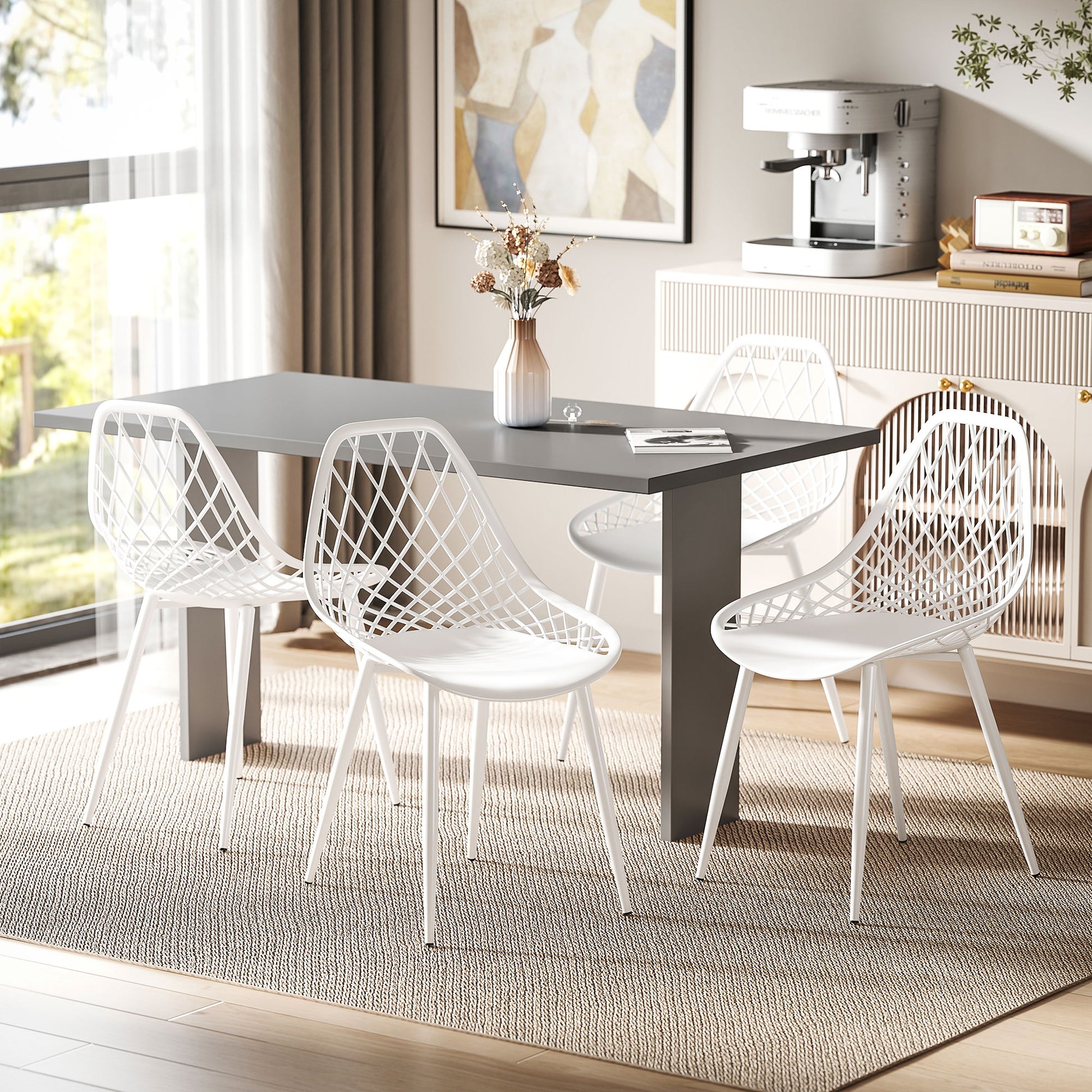 Set of 4 Dining Room Chairs, Modern Kitchen Chairs with Curved Perforated Backrest and Metal Legs, Plastic Chair for Kitchen, Bedroom, and Living Room, White