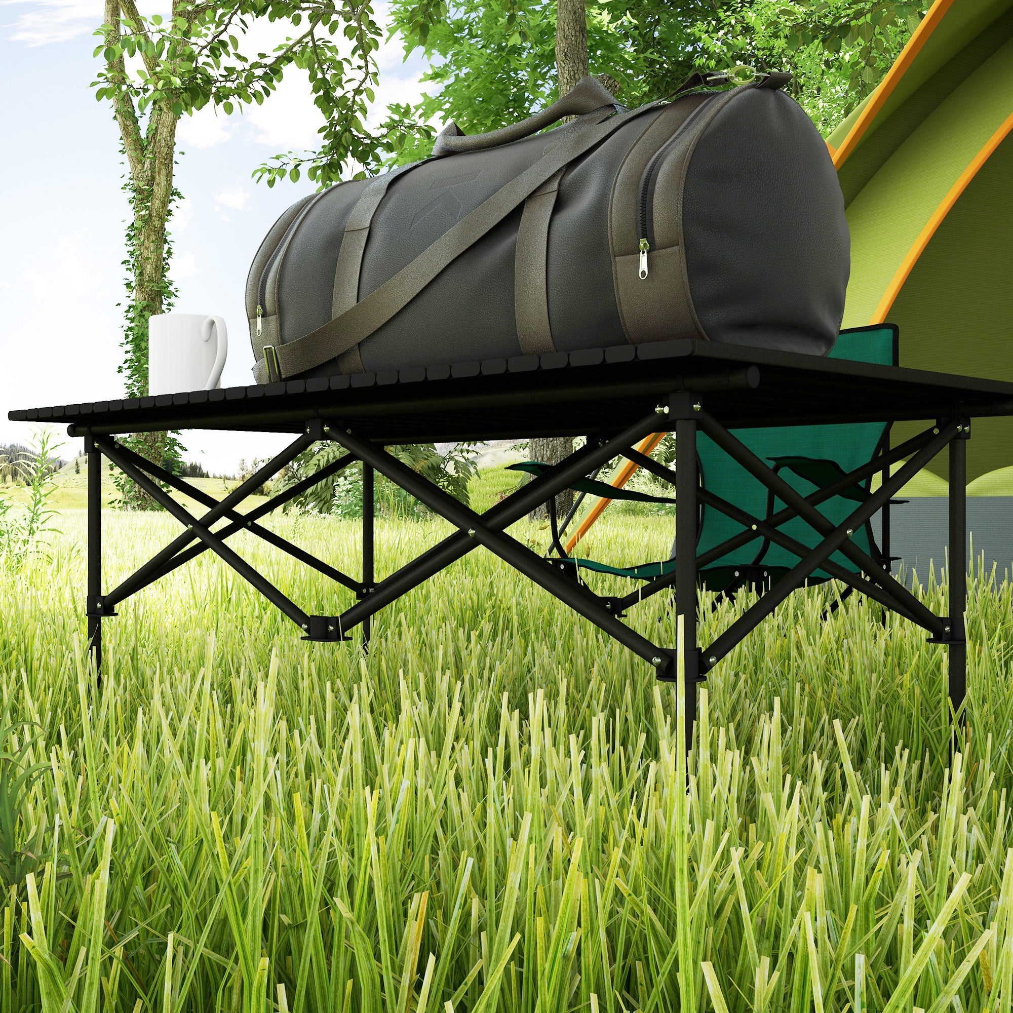 Camping Table Folding Table with Roll-Up Tabletop X-Frame Garden Table Made of Aluminum Lightweight 2 Person Side Table Foldable for Garden Balcony Camping 95 x 55cm Black
