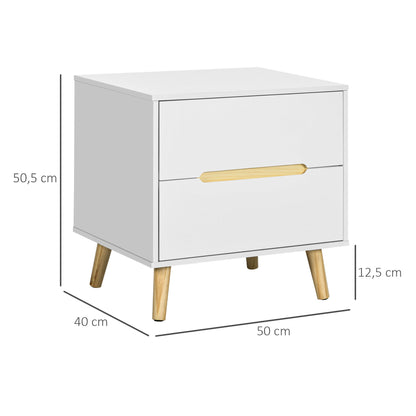Nightstand with 2 Drawers and Wooden Legs Bedside Table for Bedroom Living Room Office Modern Style 50x40x50.5 cm White