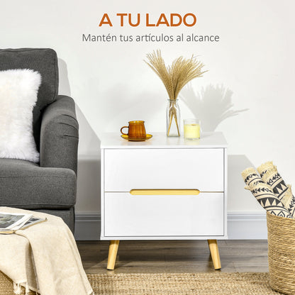 Nightstand with 2 Drawers and Wooden Legs Bedside Table for Bedroom Living Room Office Modern Style 50x40x50.5 cm White