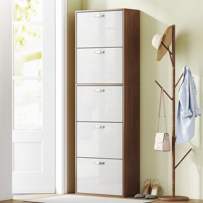Slim Space-Saving 5-Level Shoe Cabinet for Maximum 30 Pairs with 2 Shelves per Level, MDF Shoe Rack, 60x28x189 cm, White and Brown