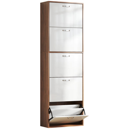 Slim Space-Saving 5-Level Shoe Cabinet for Maximum 30 Pairs with 2 Shelves per Level, MDF Shoe Rack, 60x28x189 cm, White and Brown