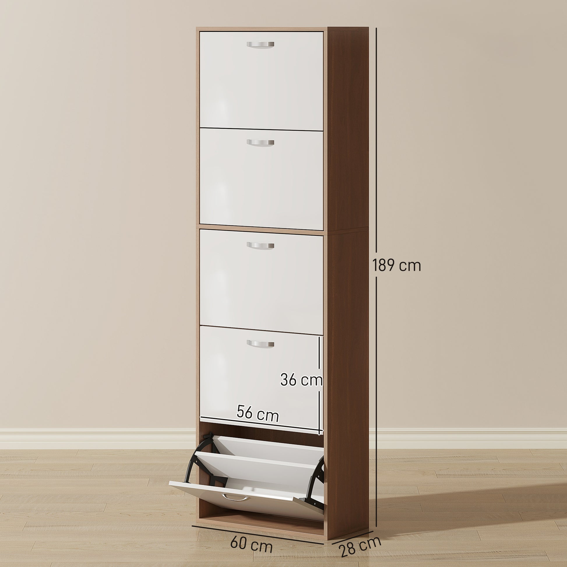 Slim Space-Saving 5-Level Shoe Cabinet for Maximum 30 Pairs with 2 Shelves per Level, MDF Shoe Rack, 60x28x189 cm, White and Brown