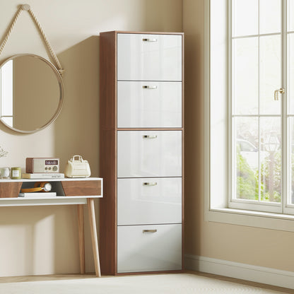 Slim Space-Saving 5-Level Shoe Cabinet for Maximum 30 Pairs with 2 Shelves per Level, MDF Shoe Rack, 60x28x189 cm, White and Brown