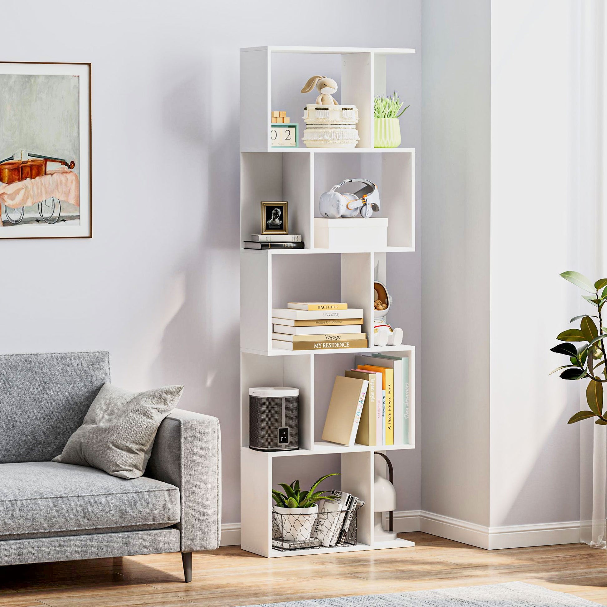 5-Tier Divided Bookshelf, Space-Saving S-Shaped Wooden Bookcase Divider for Living Room, Bedroom, and Office, 60x24x184.5 cm, White