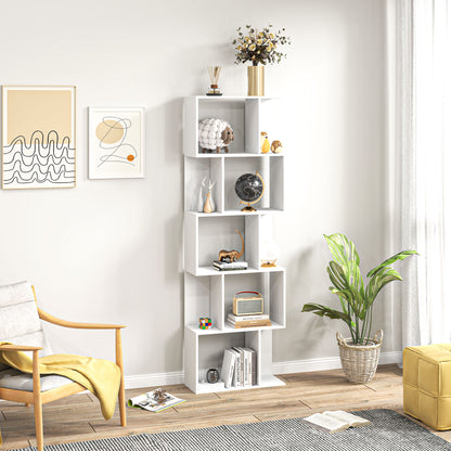 5-Tier Divided Bookshelf, Space-Saving S-Shaped Wooden Bookcase Divider for Living Room, Bedroom, and Office, 60x24x184.5 cm, White