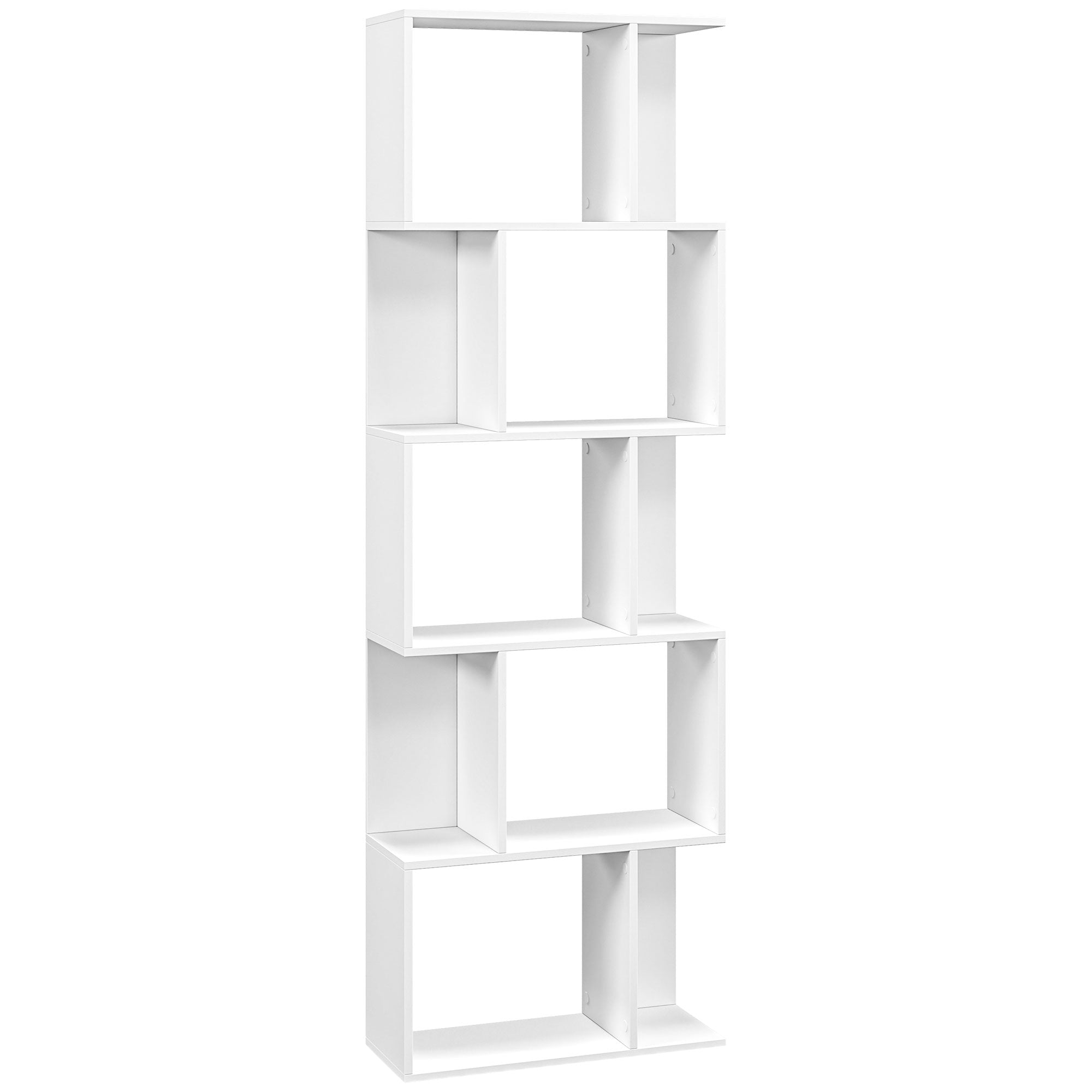 5-Tier Divided Bookshelf, Space-Saving S-Shaped Wooden Bookcase Divider for Living Room, Bedroom, and Office, 60x24x184.5 cm, White