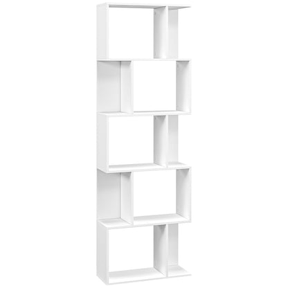5-Tier Divided Bookshelf, Space-Saving S-Shaped Wooden Bookcase Divider for Living Room, Bedroom, and Office, 60x24x184.5 cm, White