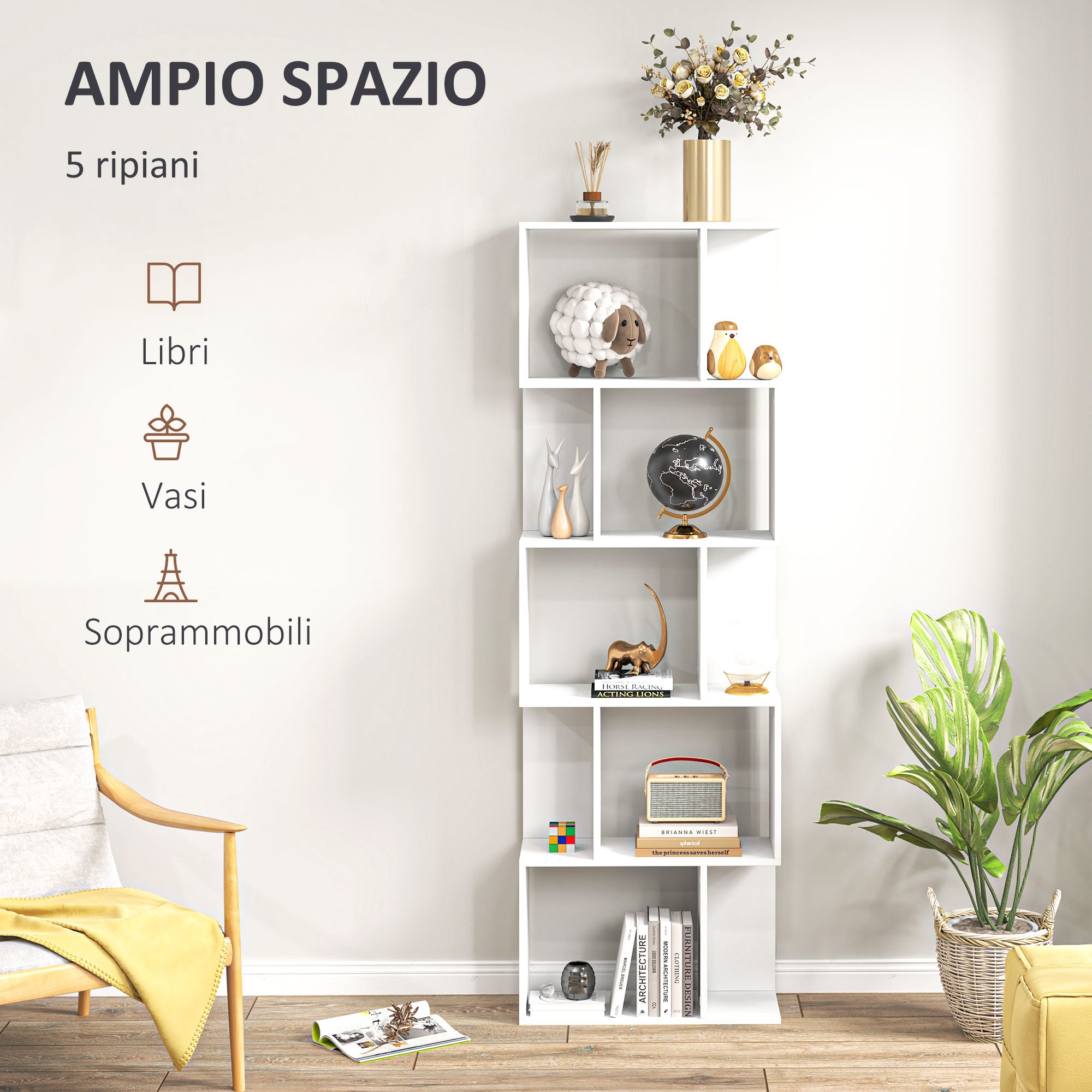 5-Tier Divided Bookshelf, Space-Saving S-Shaped Wooden Bookcase Divider for Living Room, Bedroom, and Office, 60x24x184.5 cm, White