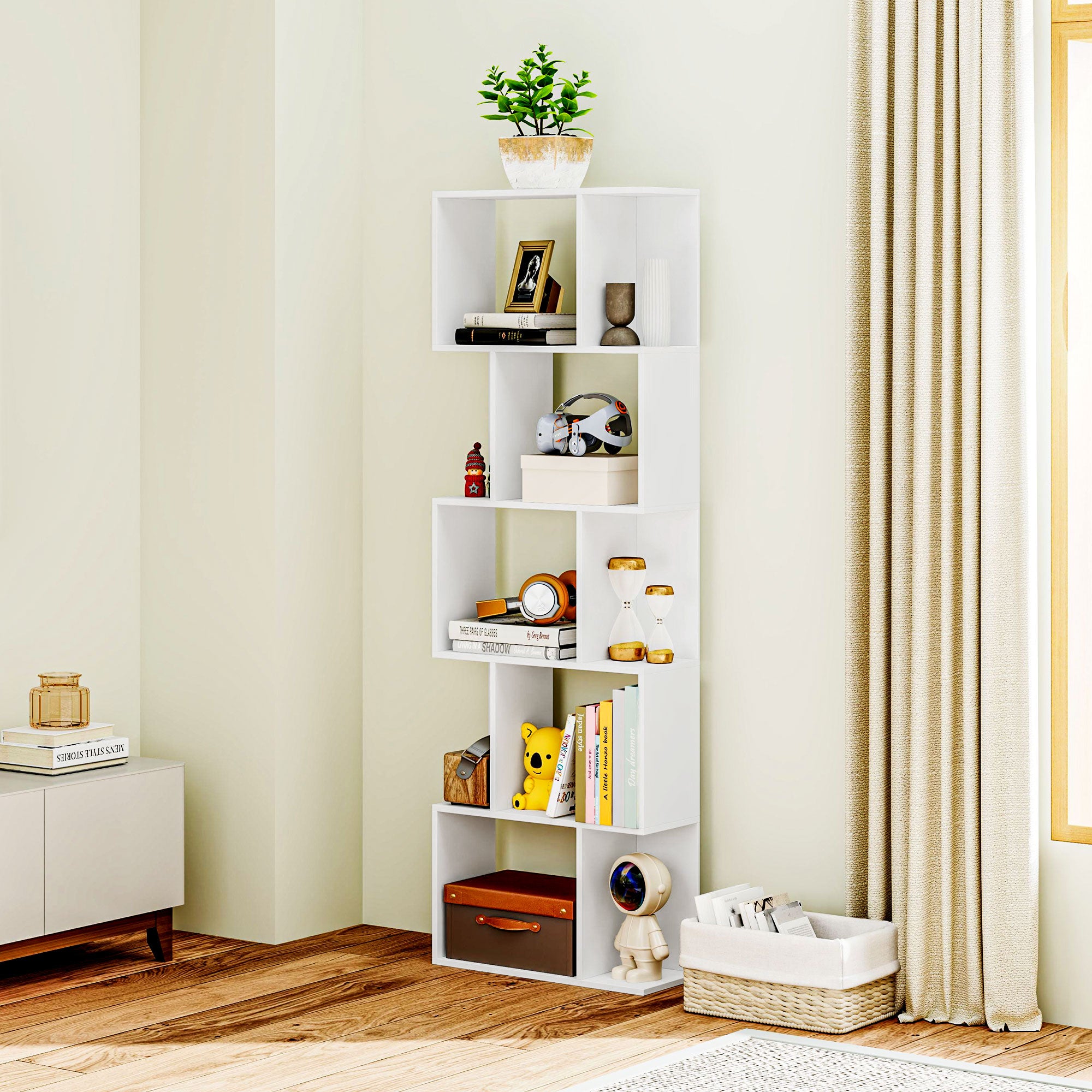 5-Tier Divided Bookshelf, Space-Saving S-Shaped Wooden Bookcase Divider for Living Room, Bedroom, and Office, 60x24x184.5 cm, White