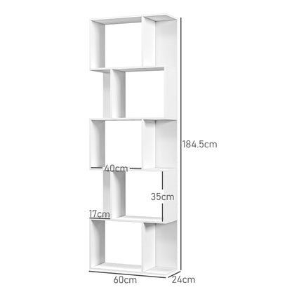 5-Tier Divided Bookshelf, Space-Saving S-Shaped Wooden Bookcase Divider for Living Room, Bedroom, and Office, 60x24x184.5 cm, White