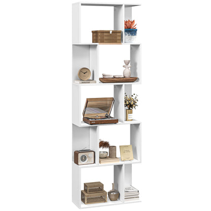 5-Tier Divided Bookshelf, Space-Saving S-Shaped Wooden Bookcase Divider for Living Room, Bedroom, and Office, 60x24x184.5 cm, White