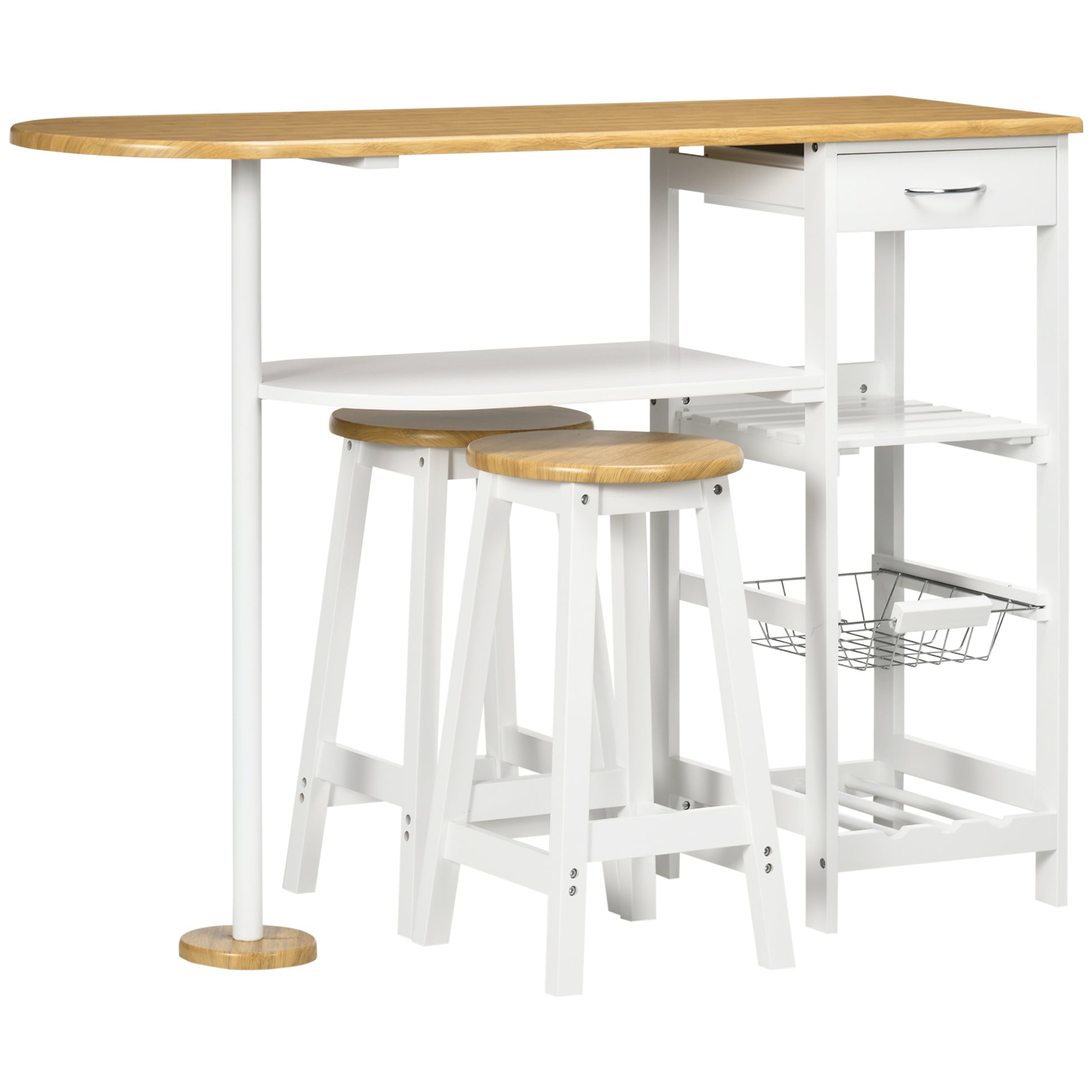 Bar Table Set with 1 Drawer, 2 Shelves, Removable Basket, and Wine Rack Furniture Set with 119x38.5x88.5 cm High Table and 2 Stools of 29x29x55 cm for Dining Kitchen White