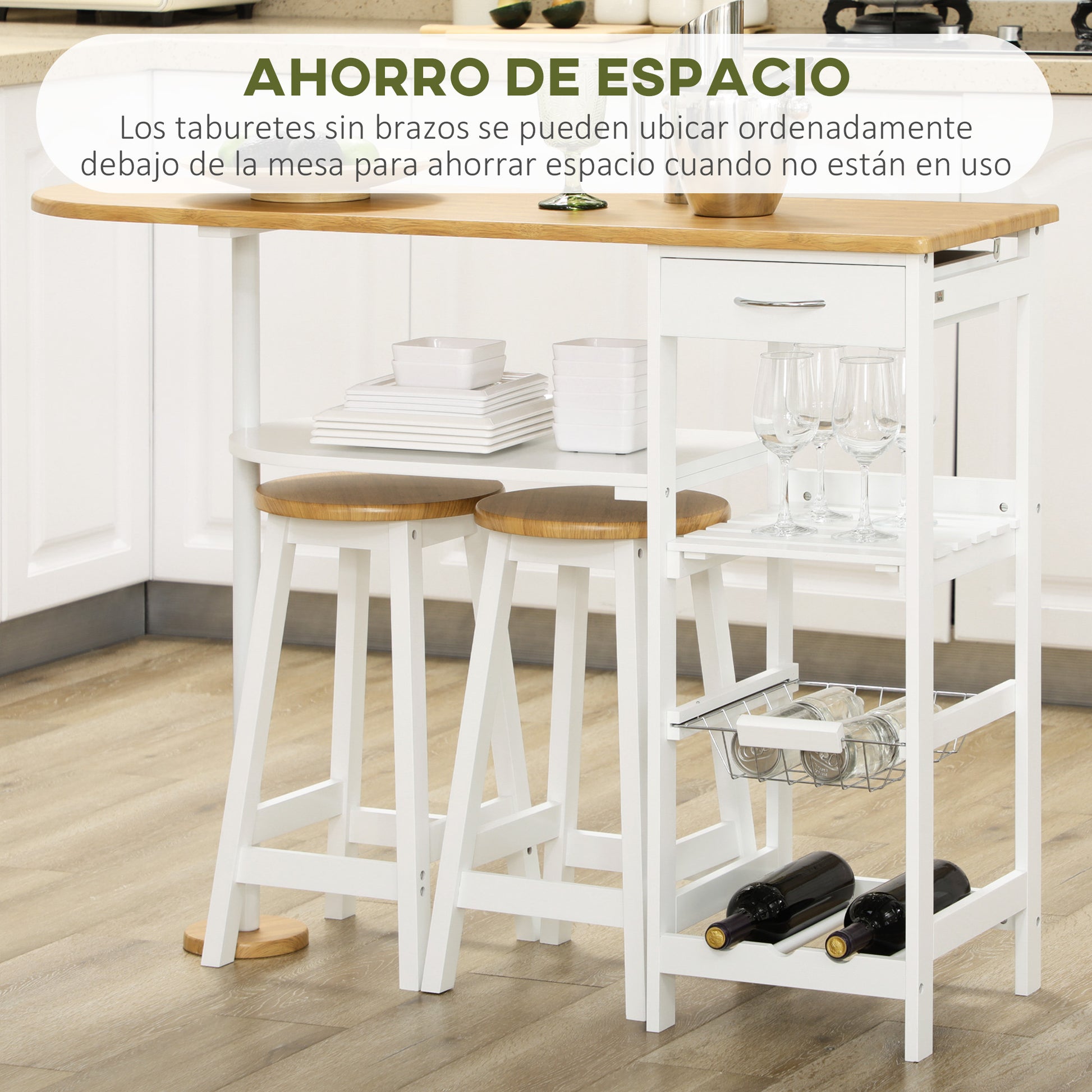 Bar Table Set with 1 Drawer, 2 Shelves, Removable Basket, and Wine Rack Furniture Set with 119x38.5x88.5 cm High Table and 2 Stools of 29x29x55 cm for Dining Kitchen White