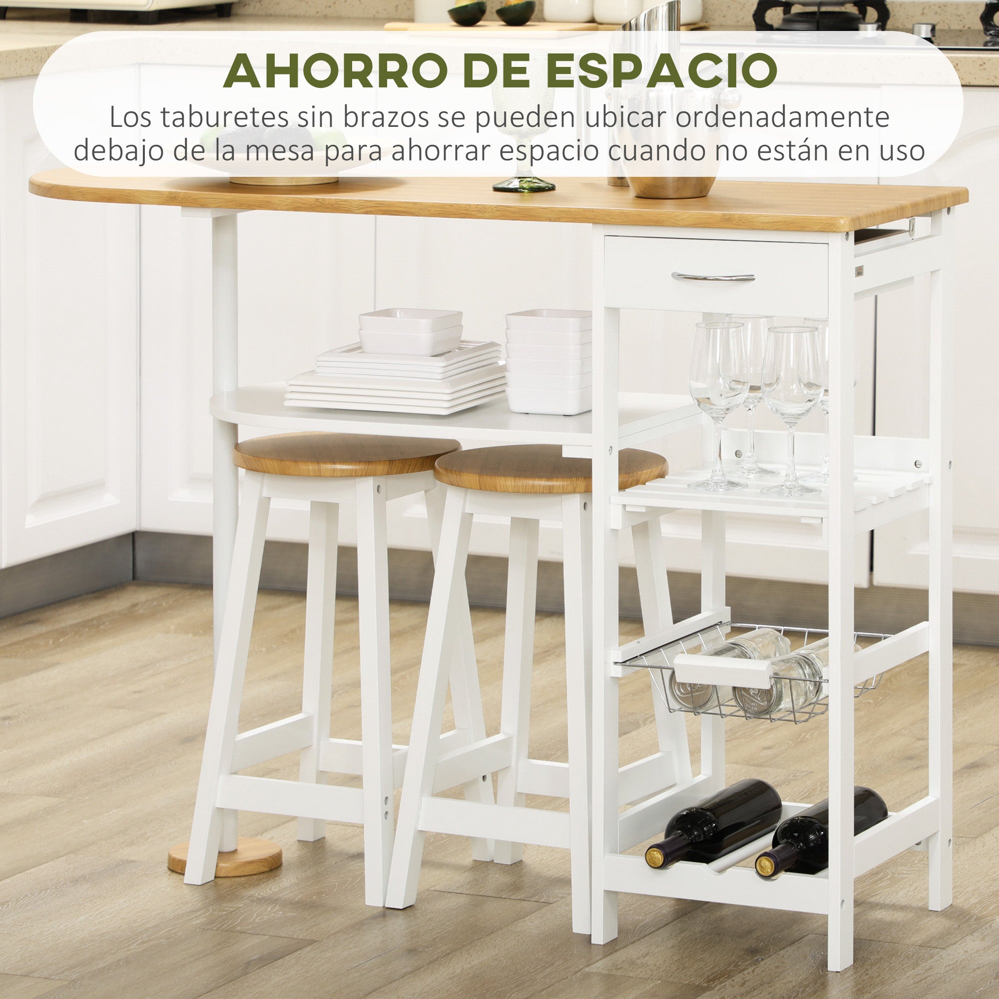 Bar Table Set with 1 Drawer, 2 Shelves, Removable Basket, and Wine Rack Furniture Set with 119x38.5x88.5 cm High Table and 2 Stools of 29x29x55 cm for Dining Kitchen White