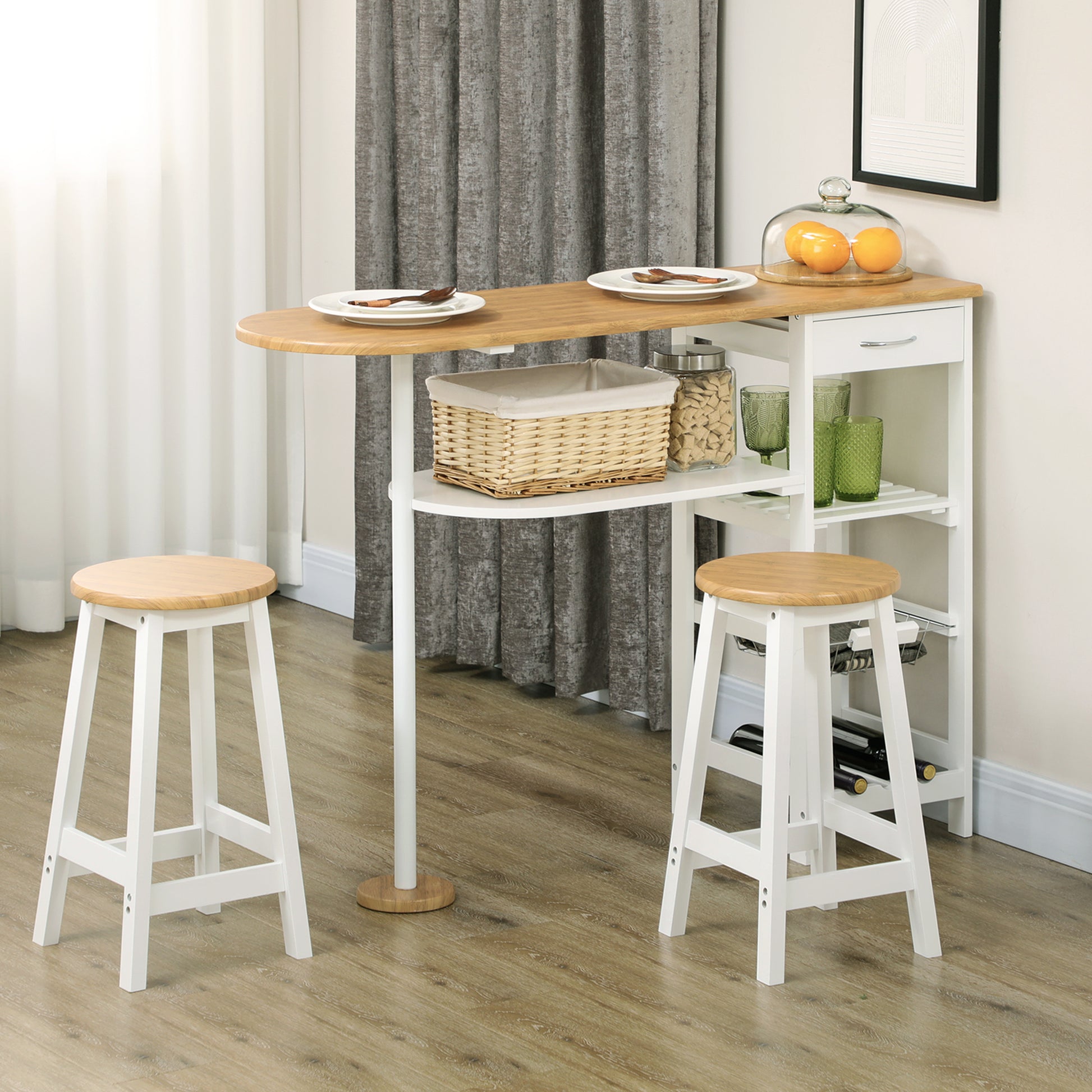 Bar Table Set with 1 Drawer, 2 Shelves, Removable Basket, and Wine Rack Furniture Set with 119x38.5x88.5 cm High Table and 2 Stools of 29x29x55 cm for Dining Kitchen White