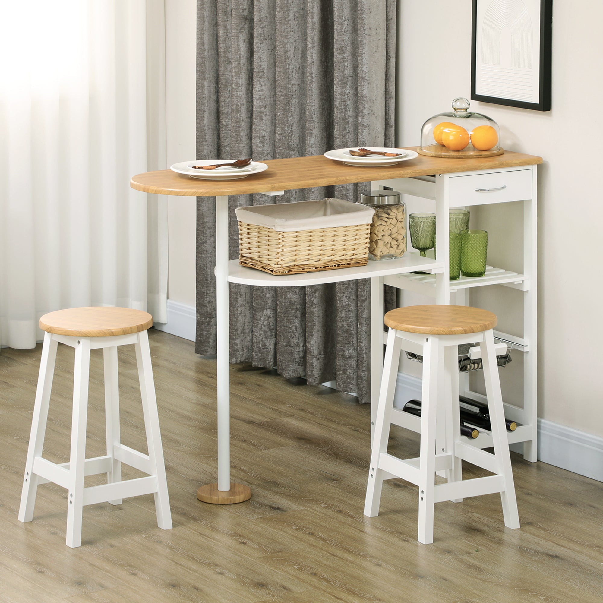 Bar Table Set with 1 Drawer, 2 Shelves, Removable Basket, and Wine Rack Furniture Set with 119x38.5x88.5 cm High Table and 2 Stools of 29x29x55 cm for Dining Kitchen White