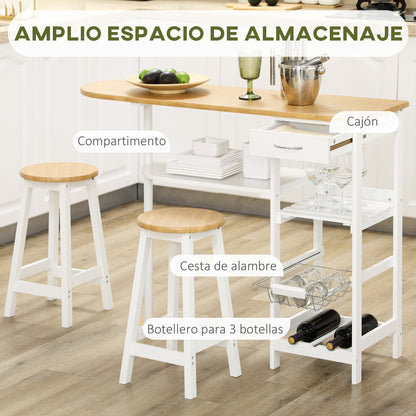Bar Table Set with 1 Drawer, 2 Shelves, Removable Basket, and Wine Rack Furniture Set with 119x38.5x88.5 cm High Table and 2 Stools of 29x29x55 cm for Dining Kitchen White