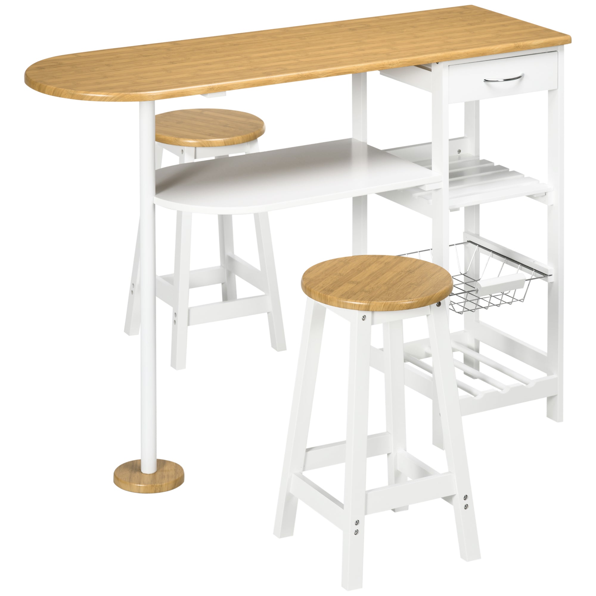 Bar Table Set with 1 Drawer, 2 Shelves, Removable Basket, and Wine Rack Furniture Set with 119x38.5x88.5 cm High Table and 2 Stools of 29x29x55 cm for Dining Kitchen White