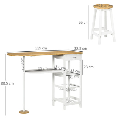 Bar Table Set with 1 Drawer, 2 Shelves, Removable Basket, and Wine Rack Furniture Set with 119x38.5x88.5 cm High Table and 2 Stools of 29x29x55 cm for Dining Kitchen White