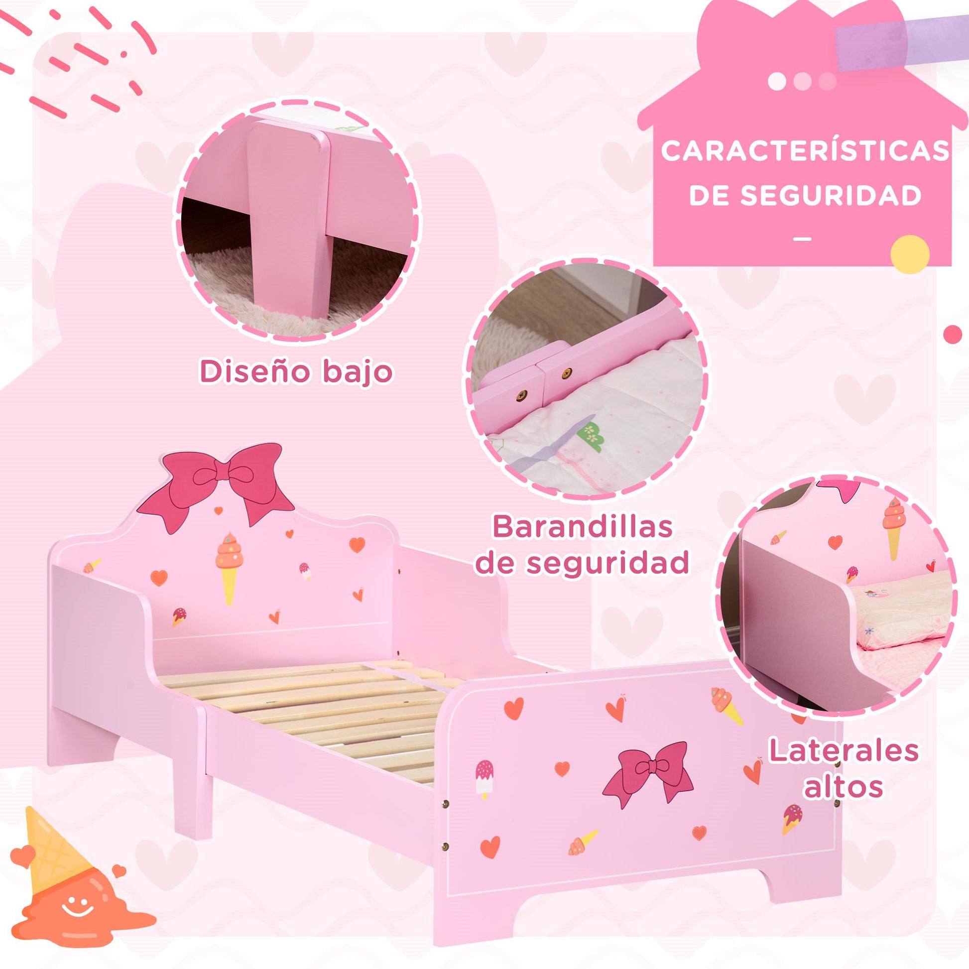 ZONEKIZ Wooden Children's Bed 143x74x59 cm Bed for Kids 3-6 Years with Protection Rails Max Load 80 kg Modern Pink Bedroom Furniture