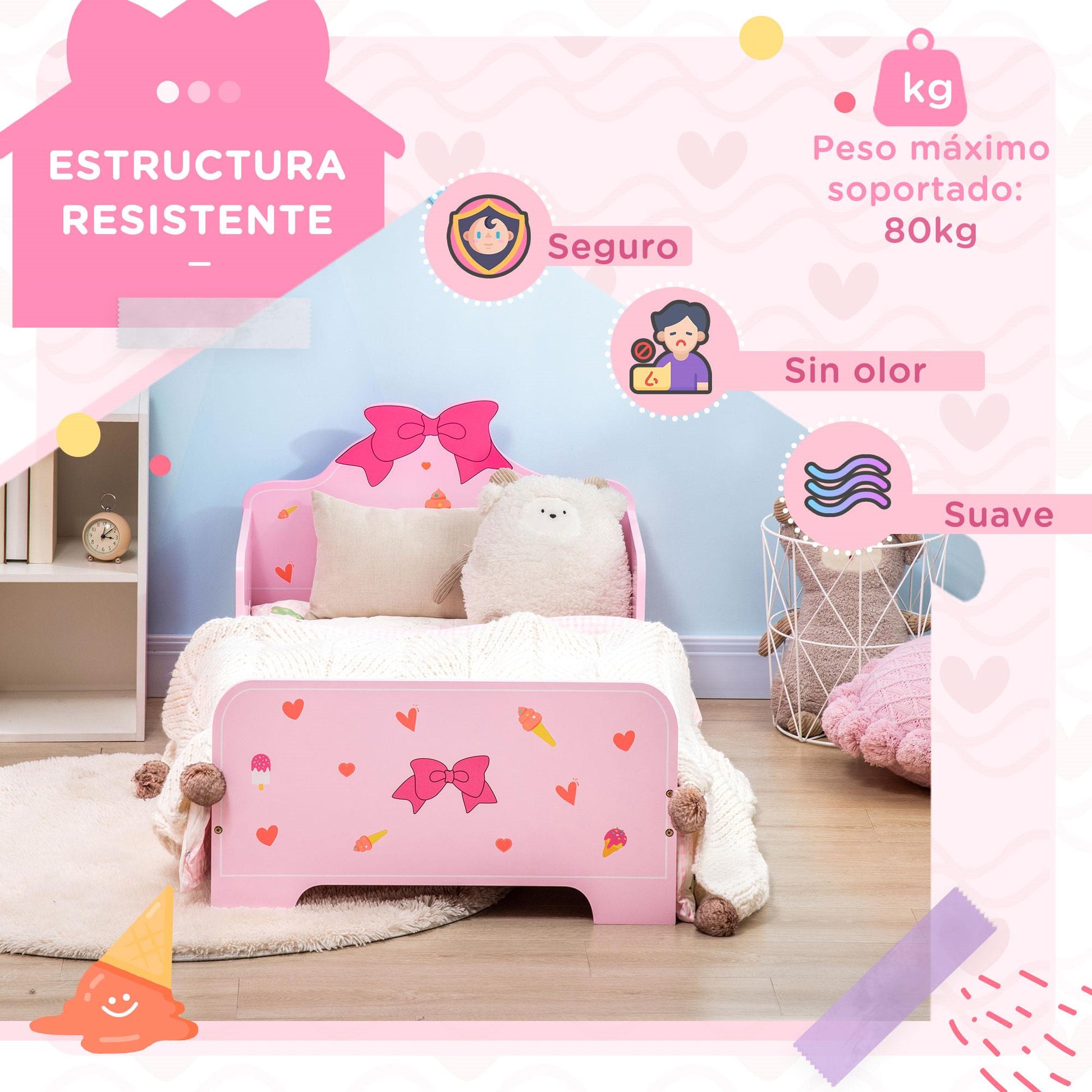 ZONEKIZ Wooden Children's Bed 143x74x59 cm Bed for Kids 3-6 Years with Protection Rails Max Load 80 kg Modern Pink Bedroom Furniture