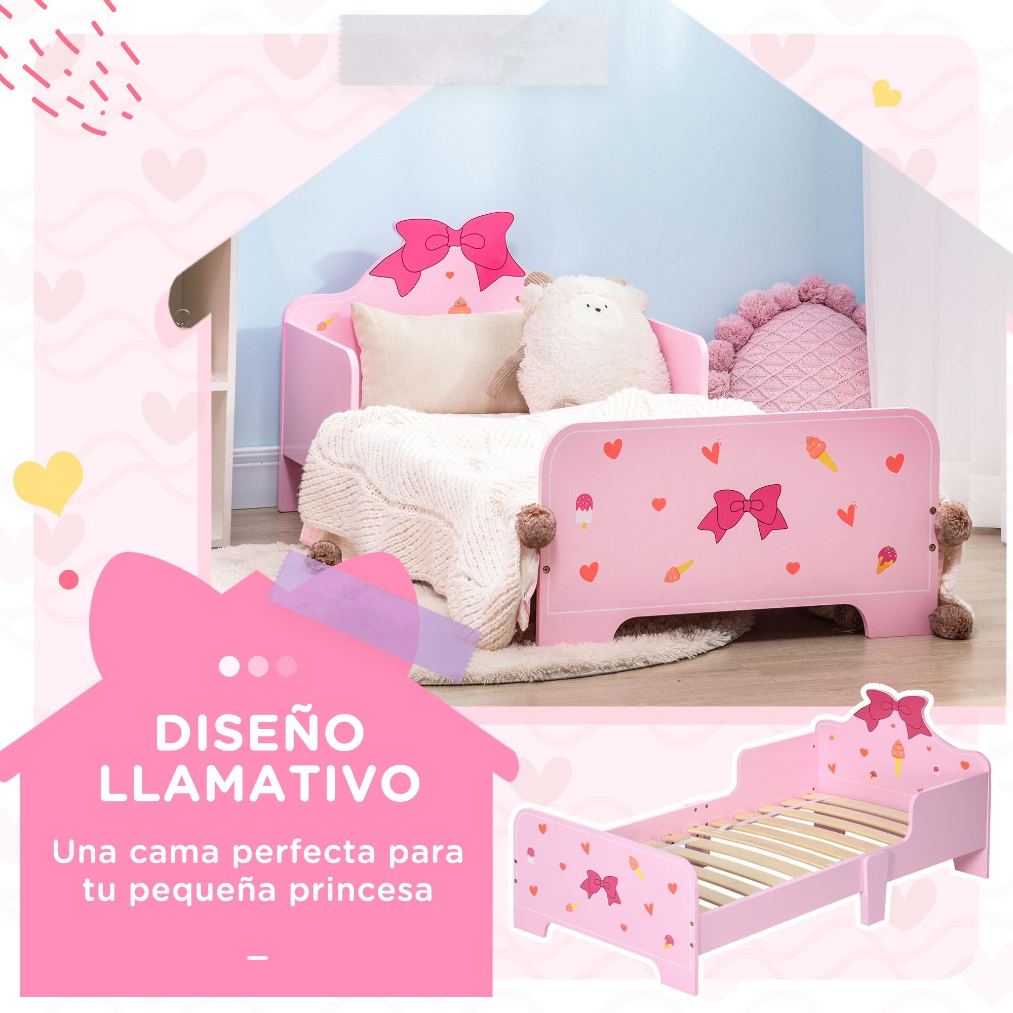 ZONEKIZ Wooden Children's Bed 143x74x59 cm Bed for Kids 3-6 Years with Protection Rails Max Load 80 kg Modern Pink Bedroom Furniture