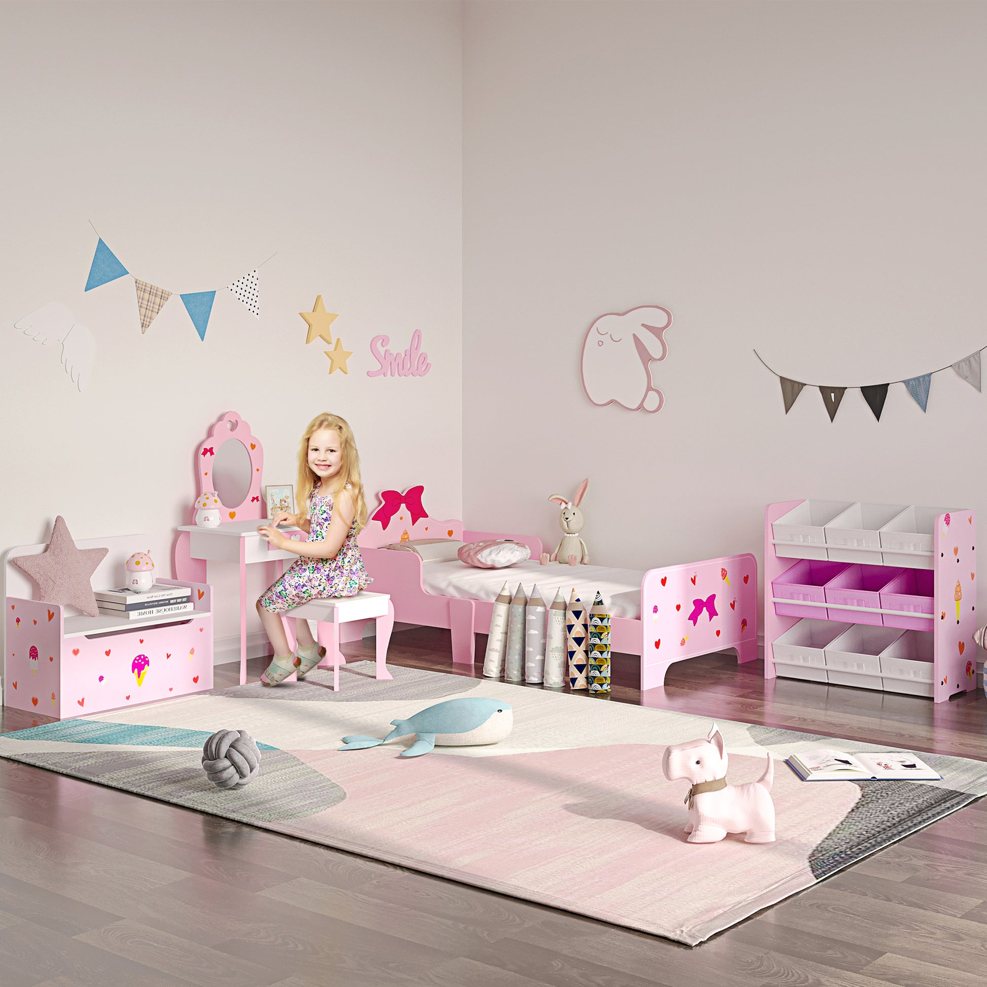 ZONEKIZ Wooden Children's Bed 143x74x59 cm Bed for Kids 3-6 Years with Protection Rails Max Load 80 kg Modern Pink Bedroom Furniture