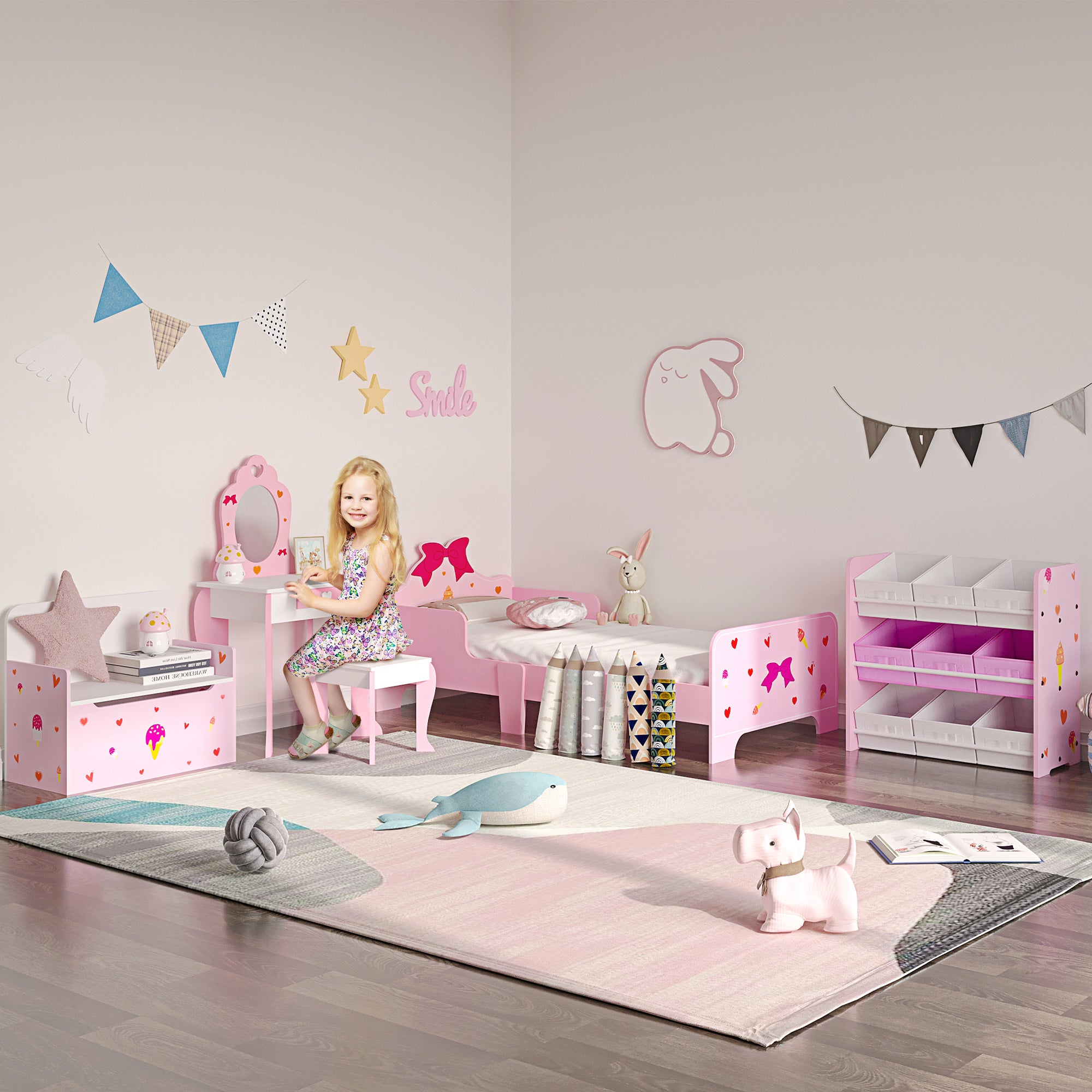 ZONEKIZ Wooden Children's Bed 143x74x59 cm Bed for Kids 3-6 Years with Protection Rails Max Load 80 kg Modern Pink Bedroom Furniture