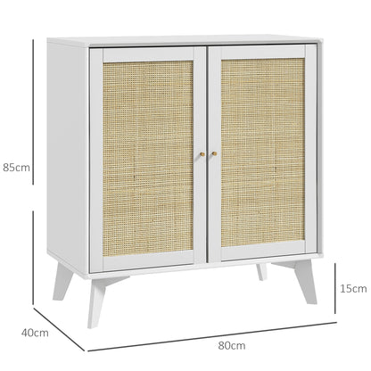 Low Sideboard, Storage Cabinet, Bohemian Design, Double Doors with 2 Levels, Kitchen Buffet with Rattan Front, 80 x 40 x 85 cm, White