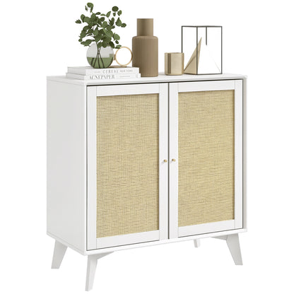 Low Sideboard, Storage Cabinet, Bohemian Design, Double Doors with 2 Levels, Kitchen Buffet with Rattan Front, 80 x 40 x 85 cm, White