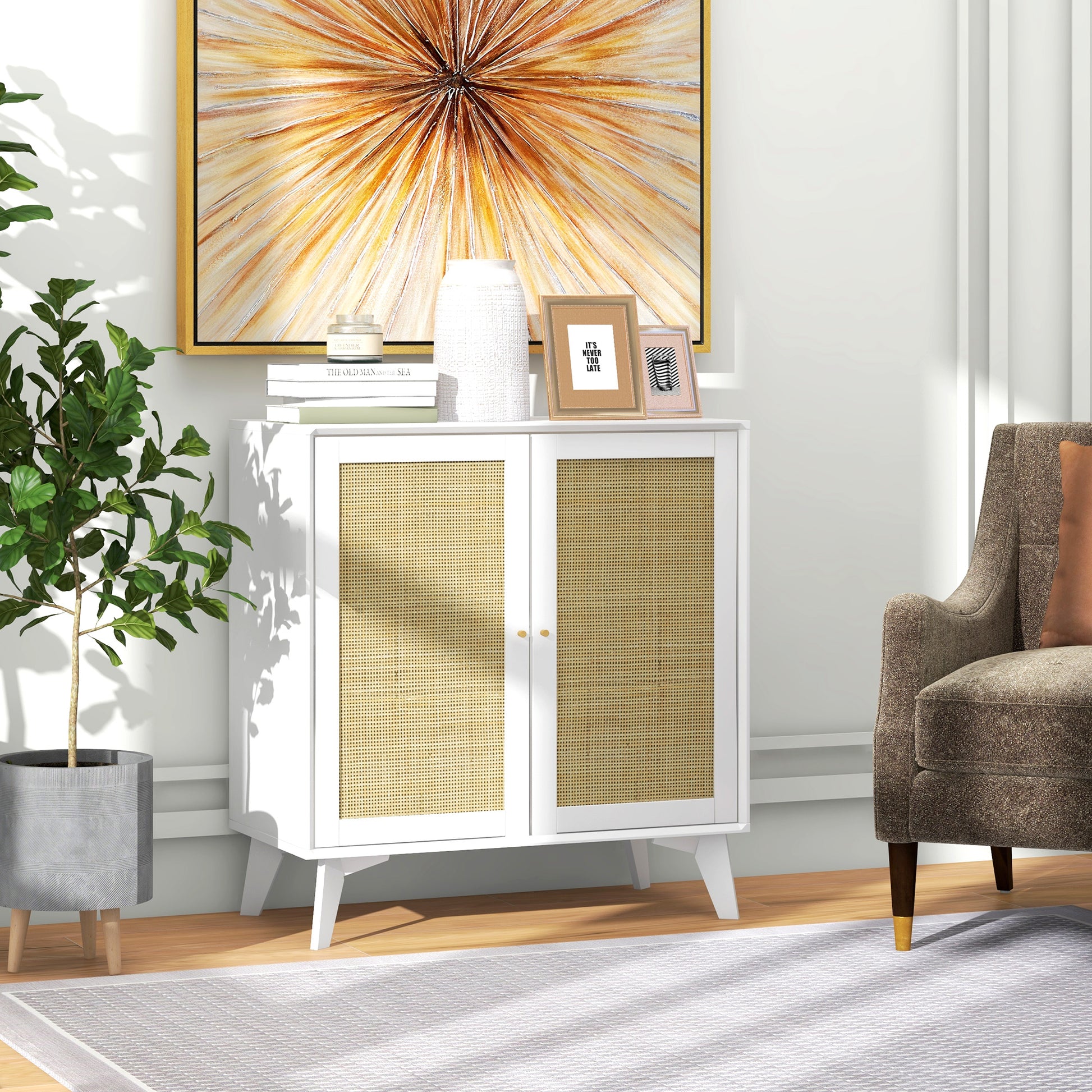 Low Sideboard, Storage Cabinet, Bohemian Design, Double Doors with 2 Levels, Kitchen Buffet with Rattan Front, 80 x 40 x 85 cm, White