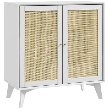 Low Sideboard, Storage Cabinet, Bohemian Design, Double Doors with 2 Levels, Kitchen Buffet with Rattan Front, 80 x 40 x 85 cm, White