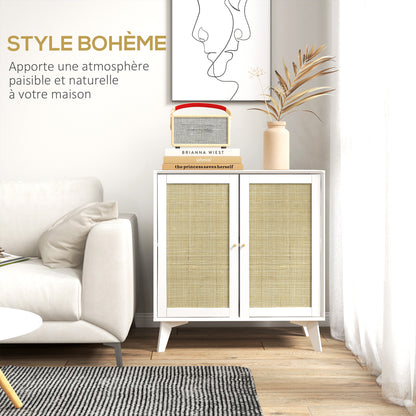 Low Sideboard, Storage Cabinet, Bohemian Design, Double Doors with 2 Levels, Kitchen Buffet with Rattan Front, 80 x 40 x 85 cm, White